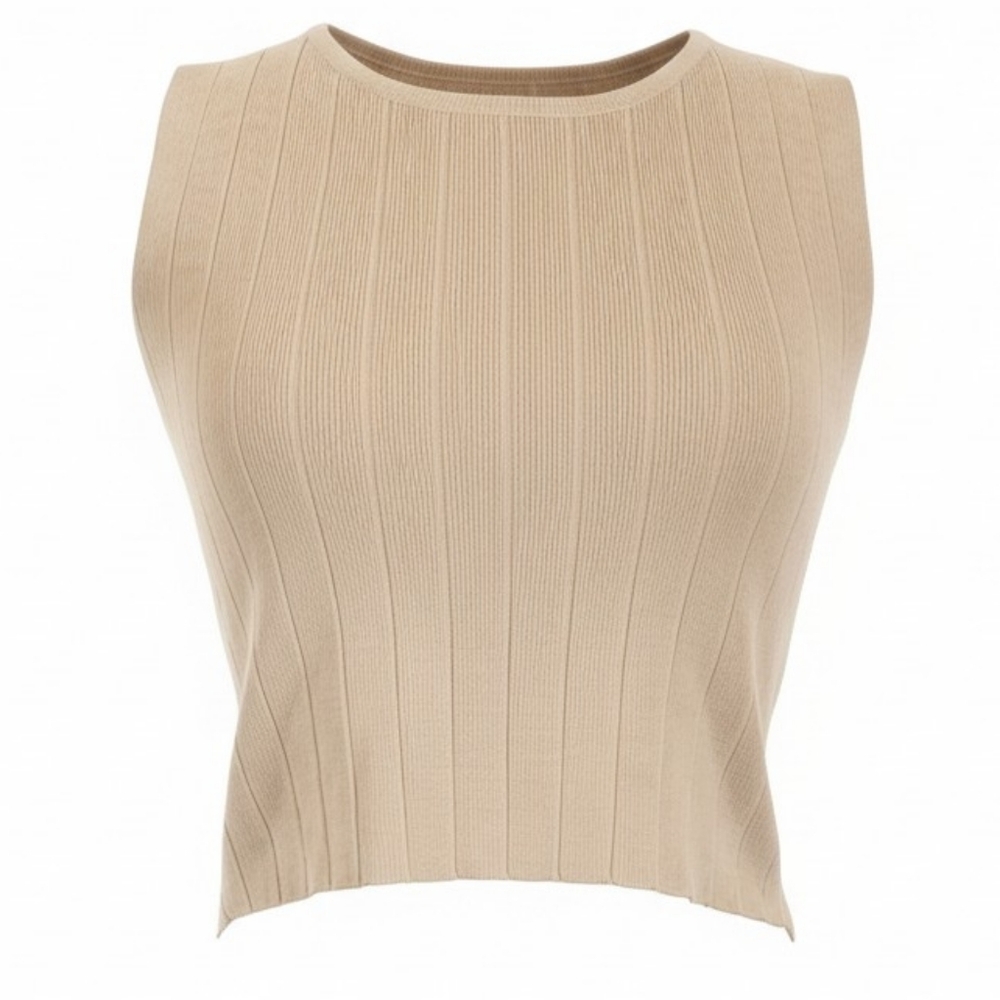 Beige Ribbed Knit Sleeveless Minimalist Crop Shirt Silk & Salt Size L